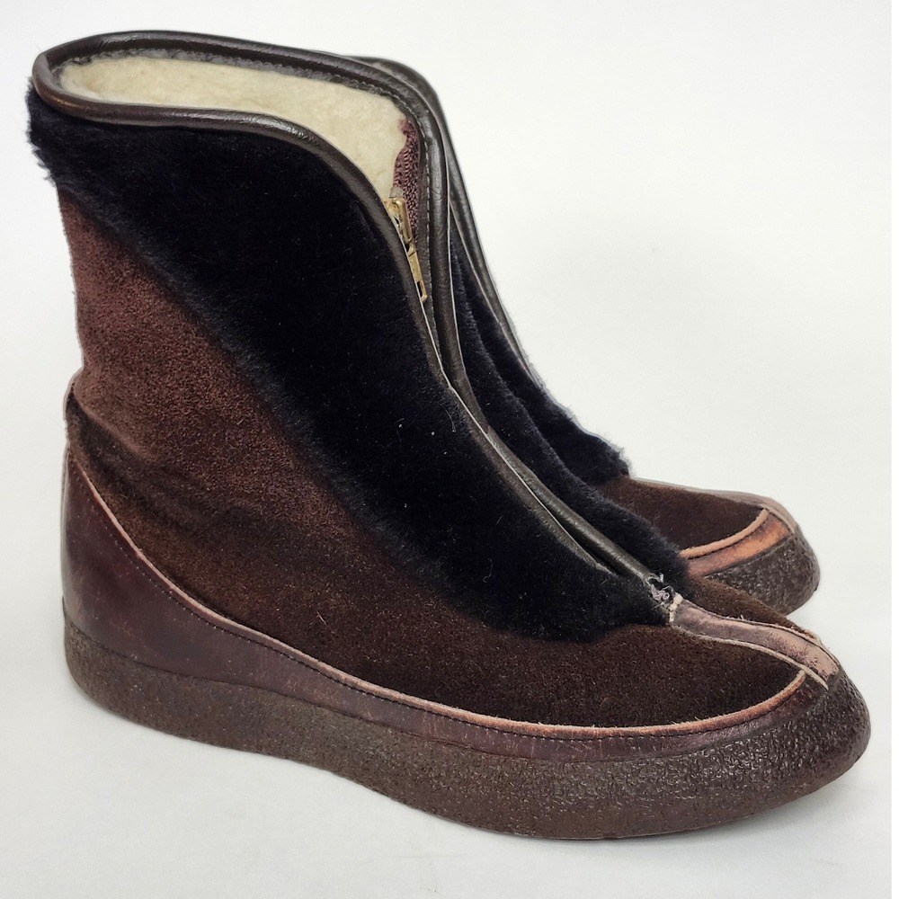Vintage 70s 80s Mondl Winter Walkers Lambswool Boots 8 Zip Shearling Suede Brown